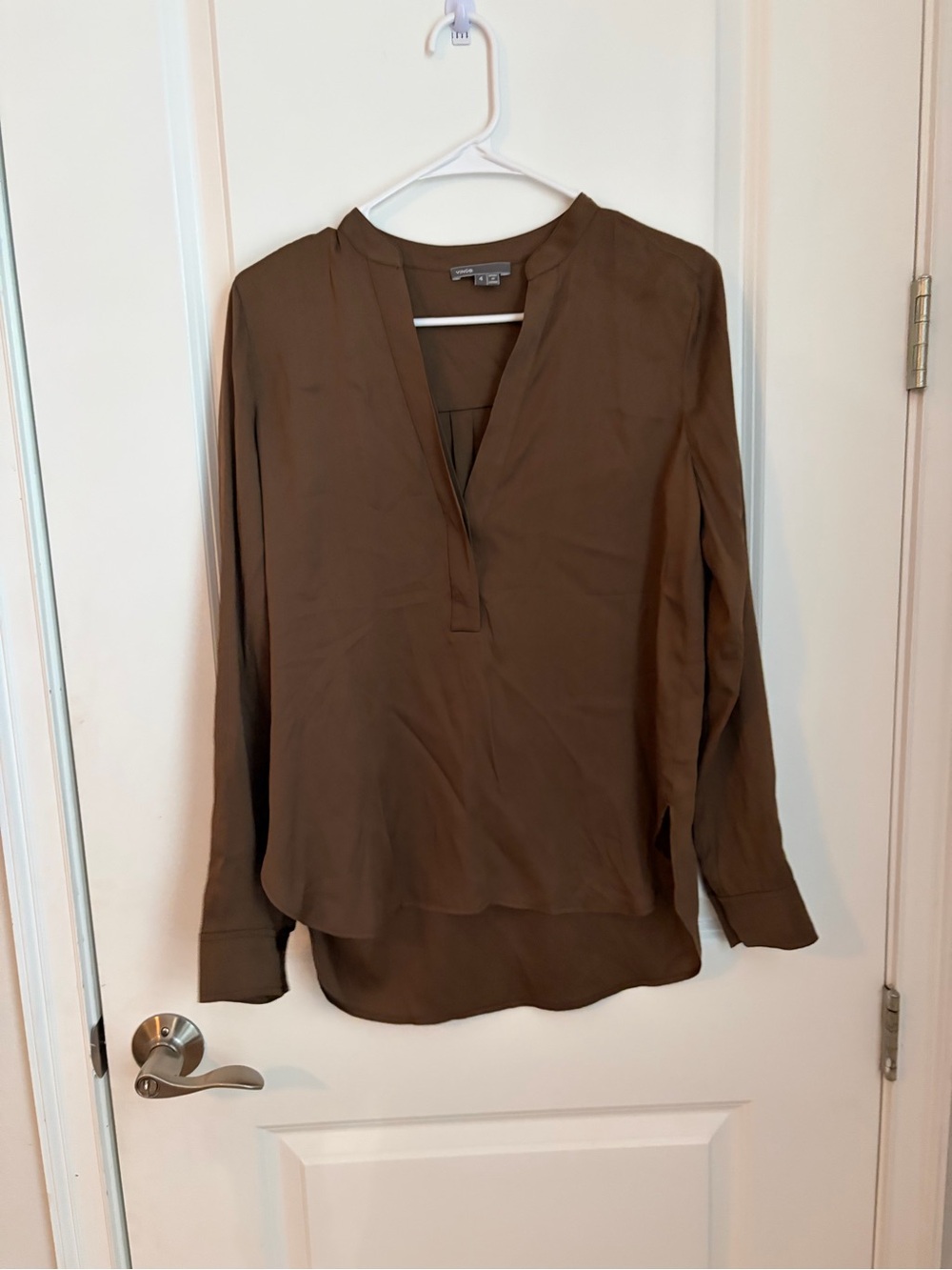 Vince Olive Brown Split V-Neck Long Sleeve Blouse